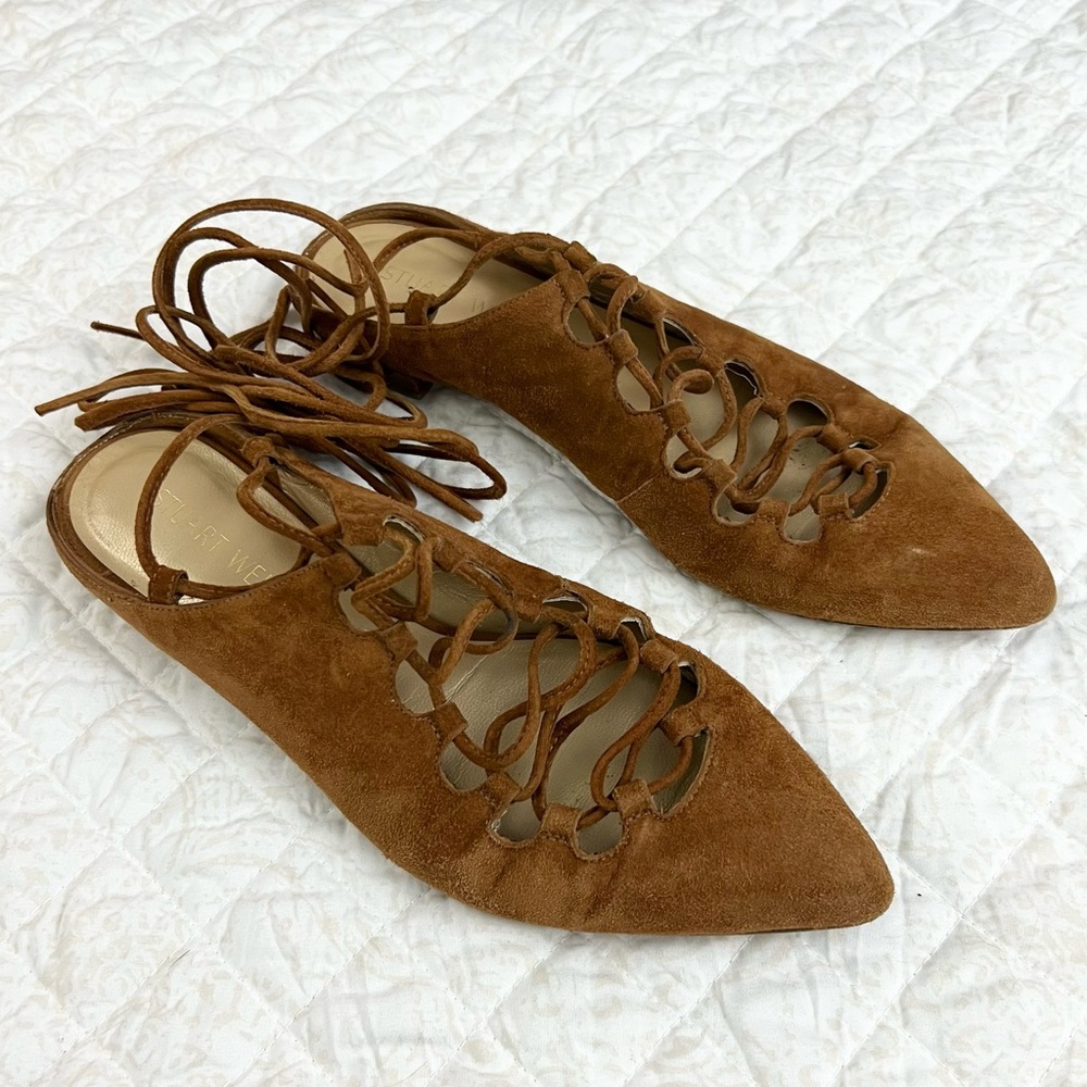 Stuart Weitzman Brown Suede Leather Lace Up Flats